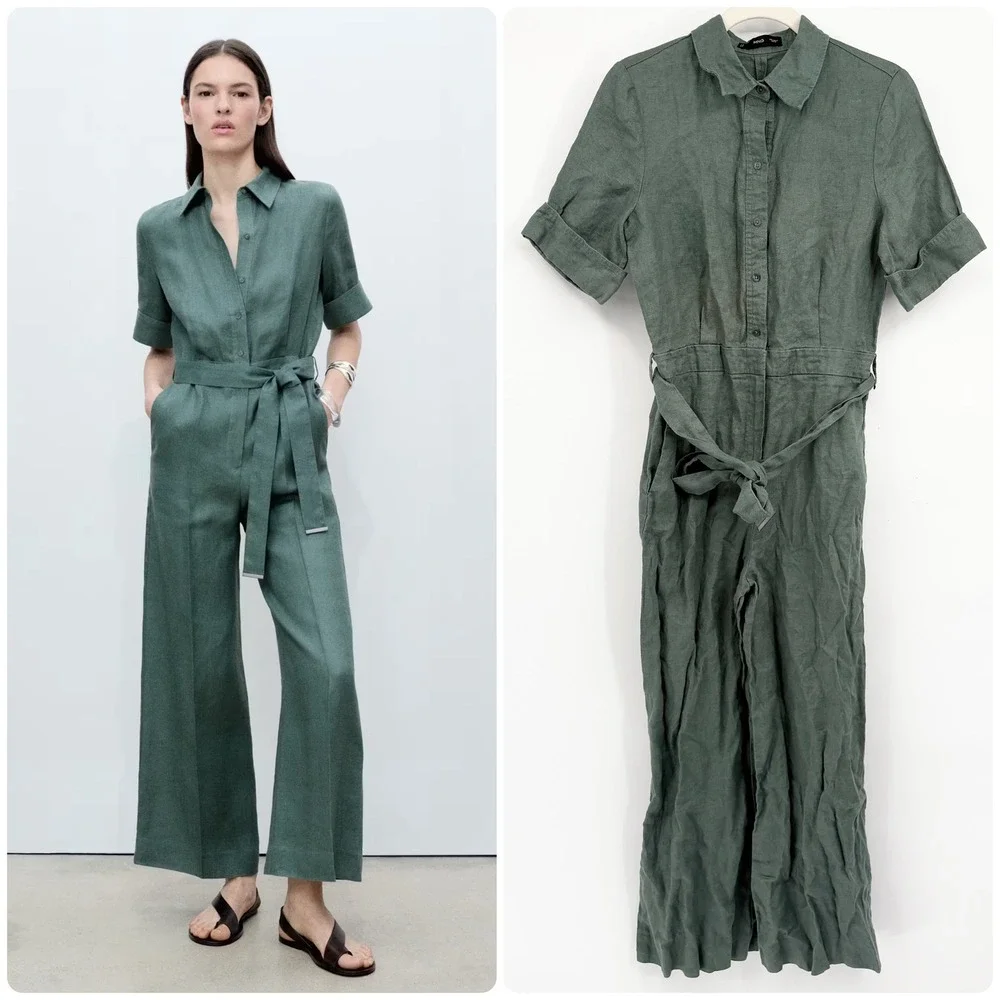 Mango Womens Green 100% Linen Natural Breathable Utility Wide Leg Jumpsuit M